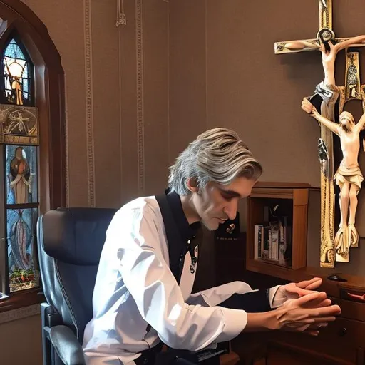 Prompt: XQC praying the rosary in his room in his trademarked chair. realistic