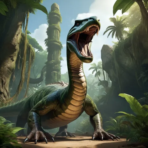 Prompt: (titanoboa), featuring impressive scales with a blend of earthy greens and browns, (dynamic pose), utilizing two therizinosaur arms as legs (ONLY 2 Legs with ACTUAL claws), wrapped with vines, set in a lush prehistoric jungle with high tropical foliage, dramatic lighting casting shadows, (ultra-detailed), depicting a surreal blend of prehistorical creatures, vibrant atmosphere of adventure and exploration, reminiscent of "Ark: Survival Ascended".