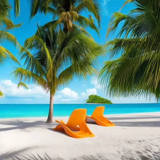 Prompt: rear view of a plastic rotomolded lounge chair on the left side of a tropical beach showing palm trees and the water