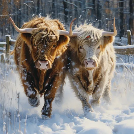 Prompt: Two spirited Highland cattle burst through a snowy landscape, their thick, wavy coats shimmering in hues of rich brown and fluffy white, complemented by their prominent horns and expressive eyes. They gallop energetically, sending flurries of snow flying in every direction, creating a dynamic scene that radiates warmth and vitality against the backdrop of a serene, wintry forest, where frosty branches glisten in soft light. The atmosphere is joyful and lively, capturing a moment of pure freedom and playfulness amid the crisp winter air. The painting's vivid color contrasts and detailed textures evoke a sense of both tranquility and exuberance, inviting viewers into this charming rural winter escapade.