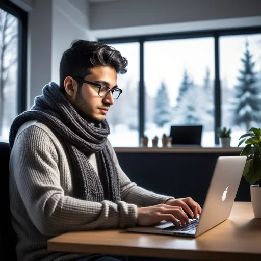 Prompt: "A software engineer named Forhad working at a desk, focused on coding on a laptop. The workspace is modern and cozy, with a winter atmosphere. Forhad is wearing a warm, stylish winter sweater, perhaps in a neutral color like gray or navy blue, and there’s a comfortable winter scarf draped over the chair. On the desk are a laptop, a coffee mug, and a notebook. The room has soft lighting and a hint of snow visible outside the window, creating a productive yet cozy environment. The screen displays lines of code, showing a software development environment. The name 'Forhad' is subtly included in the image, either as part of the desktop or on a nameplate on the desk."