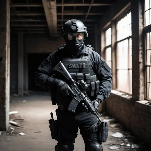 Prompt: a swat guard looking for gang members in an dark abandoned warehouse with full gear on