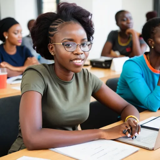 Prompt: Young African female entrepreneur in an entrepreneurship bootcamp