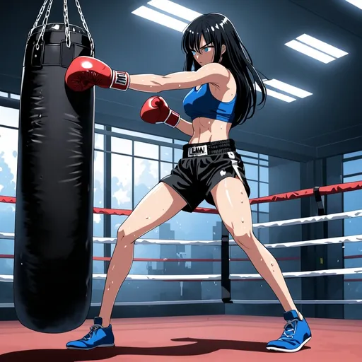 Prompt: anime, girl, detailed, black hair, long hair, boxing, sweaty, fit, lean, long legs, blue eye