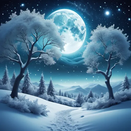 Prompt: (surrealism style), (cool color scheme), beautiful winter night, glittering snow, sparkling snowflakes, vast starry sky, moon fractals, ethereal ambiance, magical glow, dreamlike atmosphere, tranquil and serene, high depth, ultra-detailed, enchanting night scene, mystical landscape, whimsical elements.