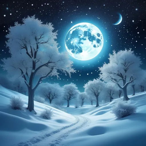 Prompt: (surrealism style), (cool color scheme), beautiful winter night, glittering snow, sparkling snowflakes, vast starry sky, moon fractals, ethereal ambiance, magical glow, dreamlike atmosphere, tranquil and serene, high depth, ultra-detailed, enchanting night scene, mystical landscape, whimsical elements.