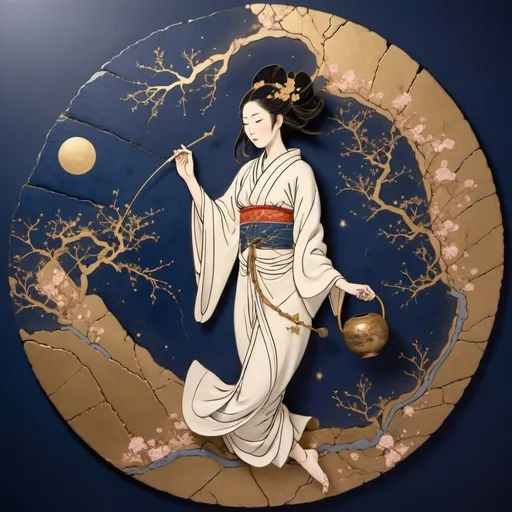 Prompt: A goddess making her way to the cosmos from earth. In the Japanese art  form of Kintsugi