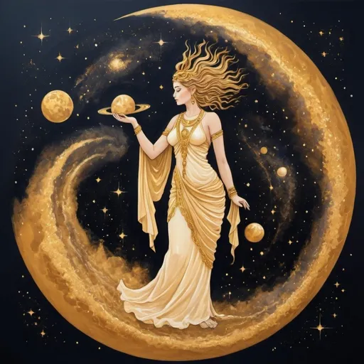 Prompt: A goddess making her way to the cosmos from earth. Using hues of gold