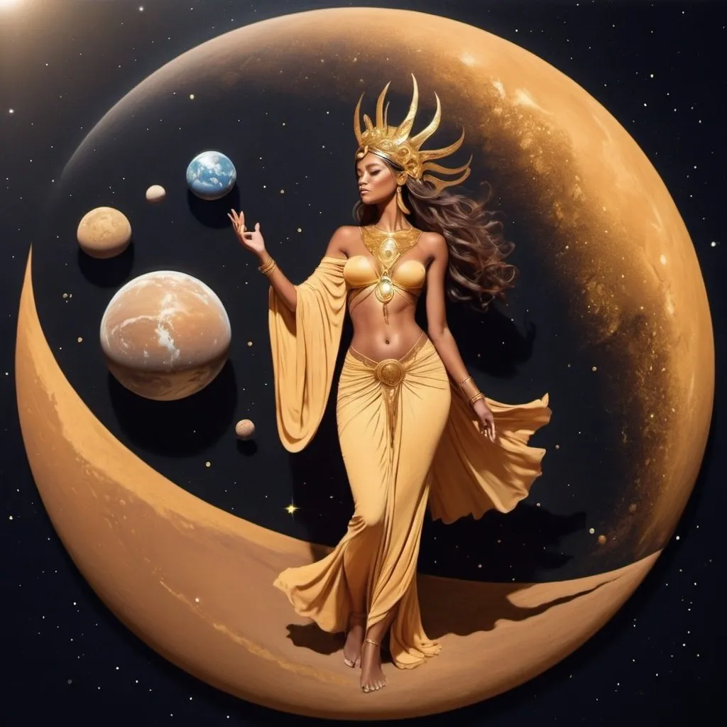 Prompt: A tanned goddess making her way to the cosmos from earth. Using hues of gold