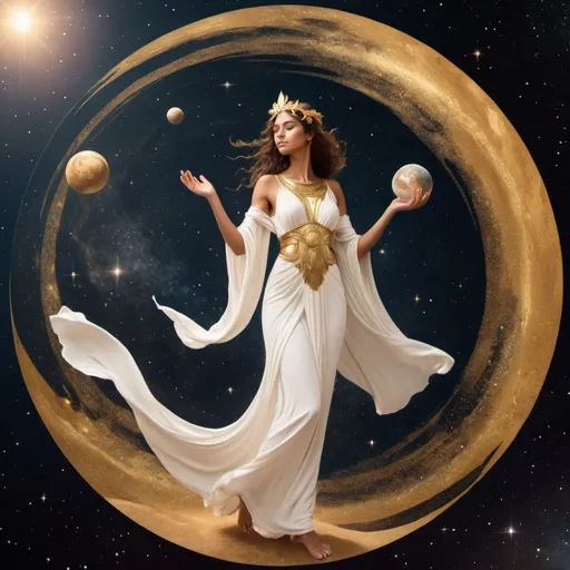 Prompt: A light tanned goddess dressed in white and gold grecian style dress making her way to the cosmos from earth. Using hues of gold