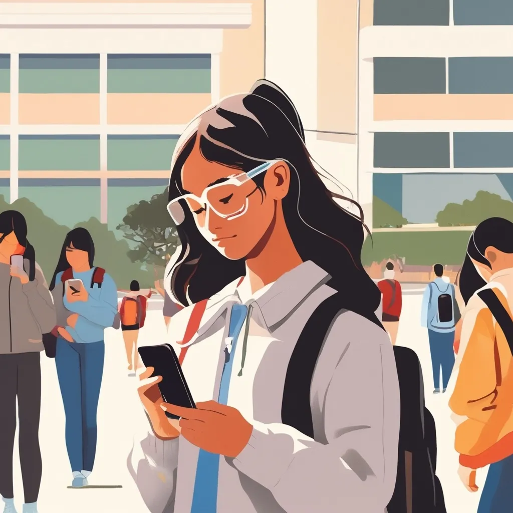 Prompt: A high school student (high school in the background) looking at her mobile phone