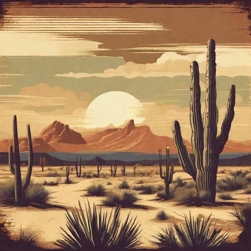 Prompt: retro western desert landscape with cactus