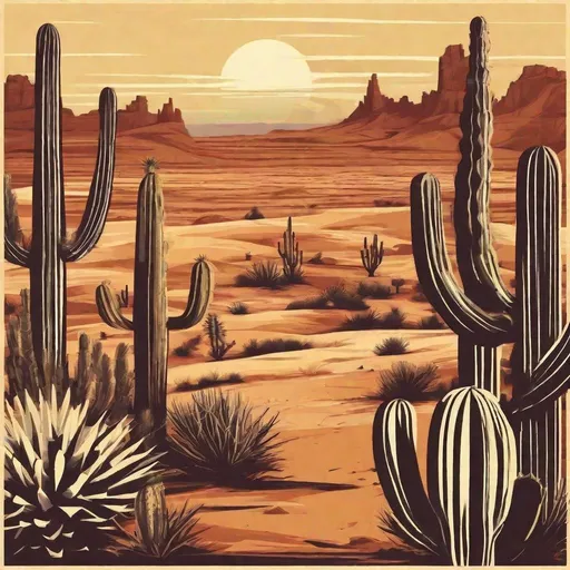 Prompt: retro western desert landscape with cactus