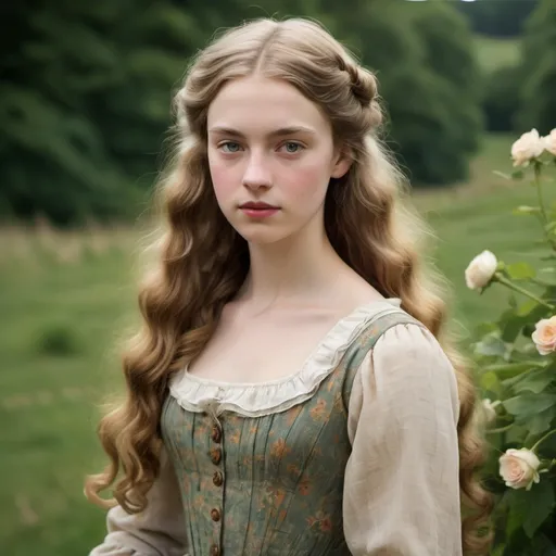 Prompt: Anne Garland is portrayed as a vibrant and attractive young woman in her early twenties. She has long, wavy hair that frames her face, often depicted as light in color, which complements her fair complexion. Her features are expressive, showcasing her strong will and determination. 

In the novel, her clothing reflects the rural setting and the time period, typically wearing simple yet elegant dresses that emphasize her natural beauty. Overall, Anne embodies a sense of vitality and strength, closely connected to the landscape around her.