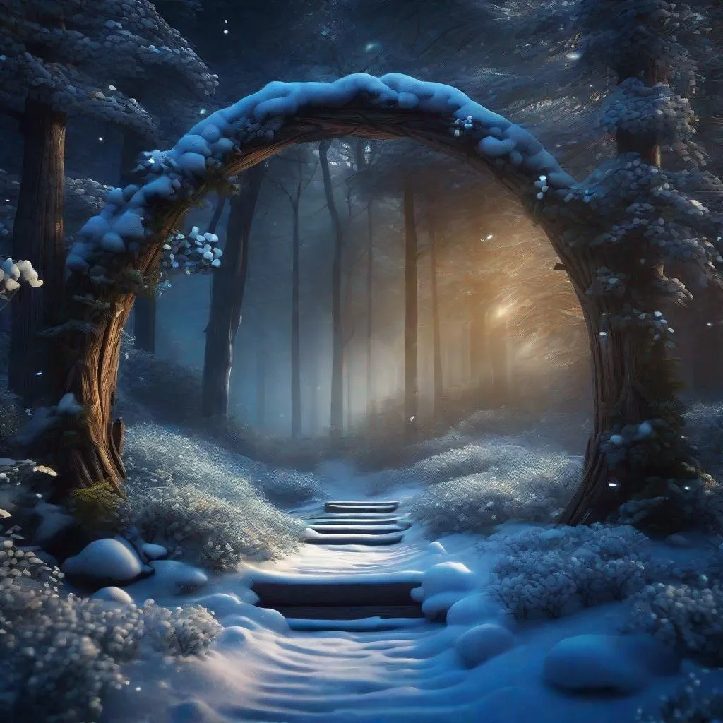 Prompt: digital art wooden frame themed dark fantasy enchanted woods with snow all over the surface, blue flower, uhd, 4k