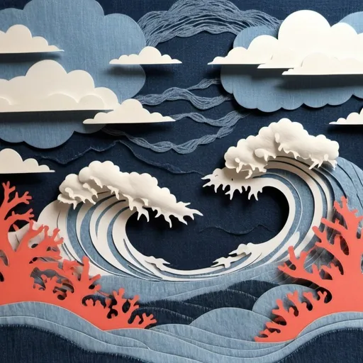 Prompt: papercut of storm sea using denim cloth; denim rough texture; coral; thunder