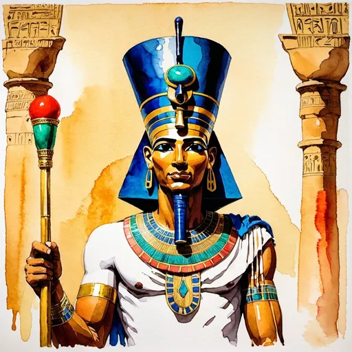 Prompt: watercolor painting using vibrant colour, shot from front, majestic ancient egyptian man holding staf with persian royal outfit