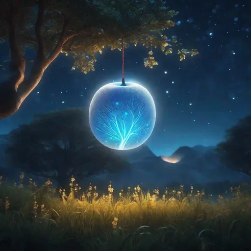 Prompt: zoom in view, 3d rendered image, a single big round and blue glowing fruit with word "humbleness" inside the fruit stick on undisorted fantasy tree branch, night sky, fireflies, morning fog, digital illustration, sakimichan style, 4k, high res,