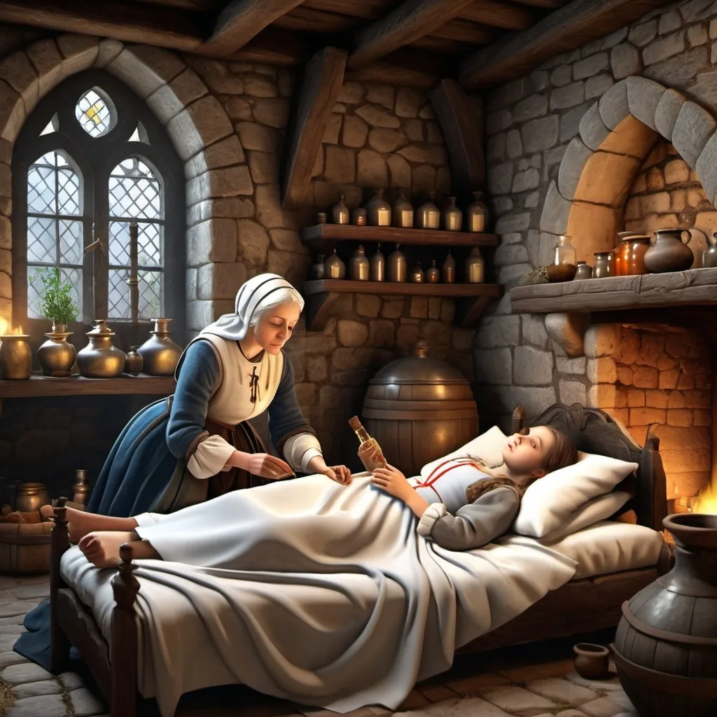 Prompt: realistic image,  sick old lady laying on bed, A young girl making medicine with potion in the medieval house beside