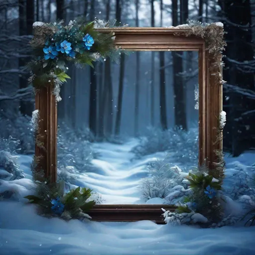 Prompt: digital art wooden frame themed dark fantasy enchanted woods with snow all over the surface, blue flower, uhd, 4k