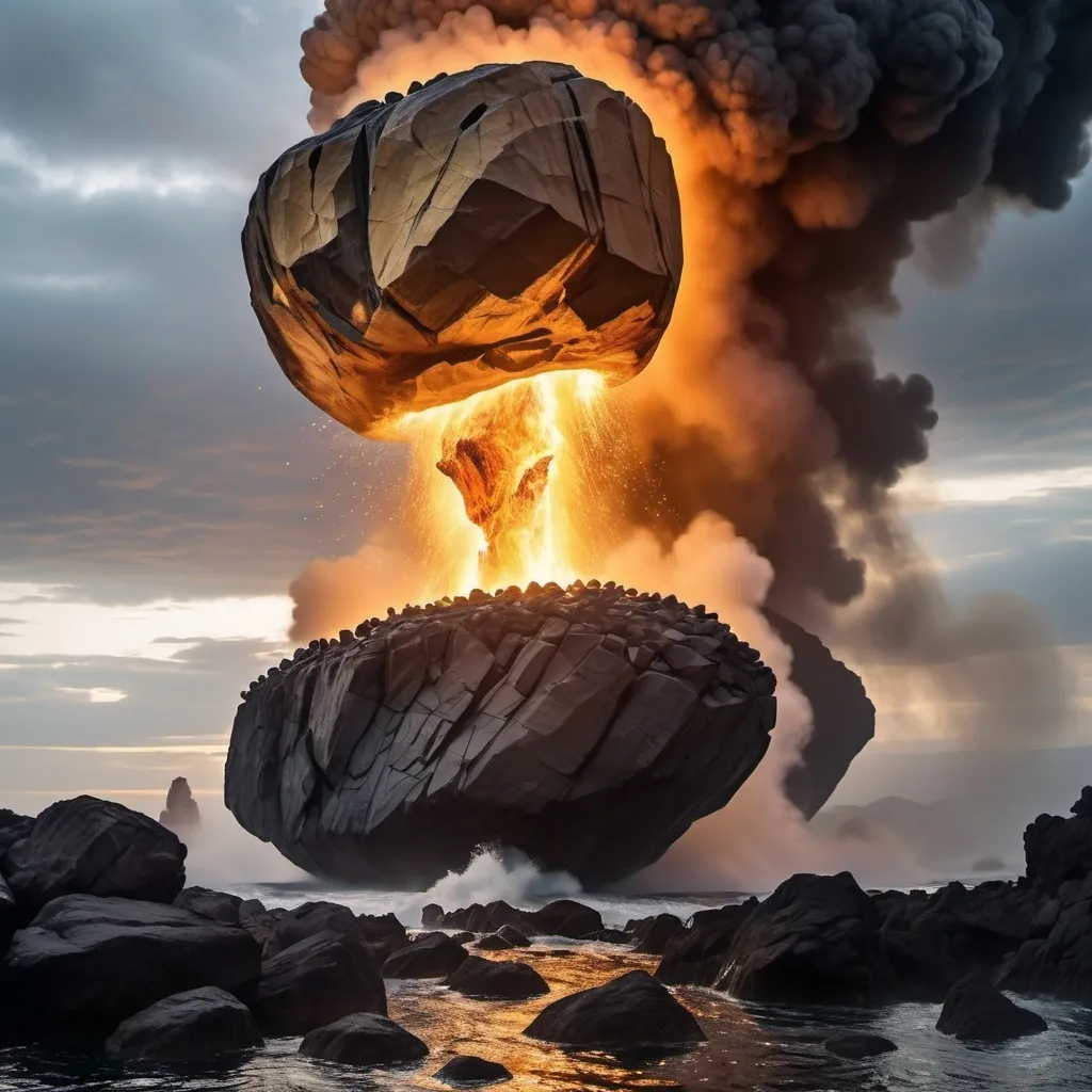 Prompt: shot from below, goldish brown four giant rock floating into the sky in a circular shape, crashed, many small stones floating and circling the rock on the sky colliing each other, smoke, destroyed earth, cracked dark sky, melted lava