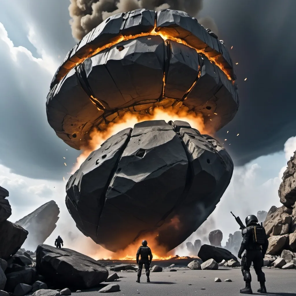 Prompt: shot from below, shot from behind army with black tactical suit watching goldish brown four giant rock floating into the sky in a circular shape, crashed, many small stones floating and circling the rock on the sky colliing each other, smoke, destroyed earth, cracked dark sky, melted lava, scrap of tank and ancient ruins