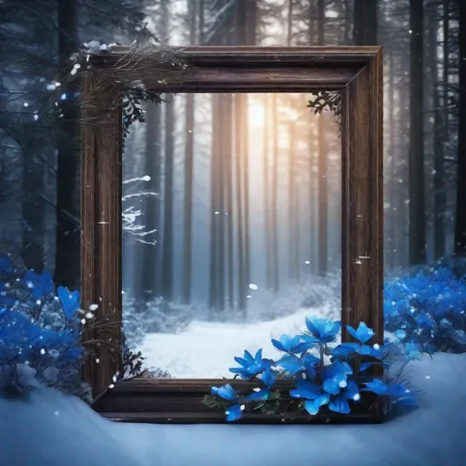 Prompt: digital art wooden frame themed dark fantasy enchanted woods with snow all over the surface, blue flower, uhd, 4k