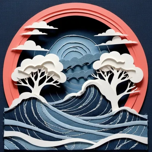 Prompt: papercut of storm sea using denim cloth; denim rough texture; coral; lightning