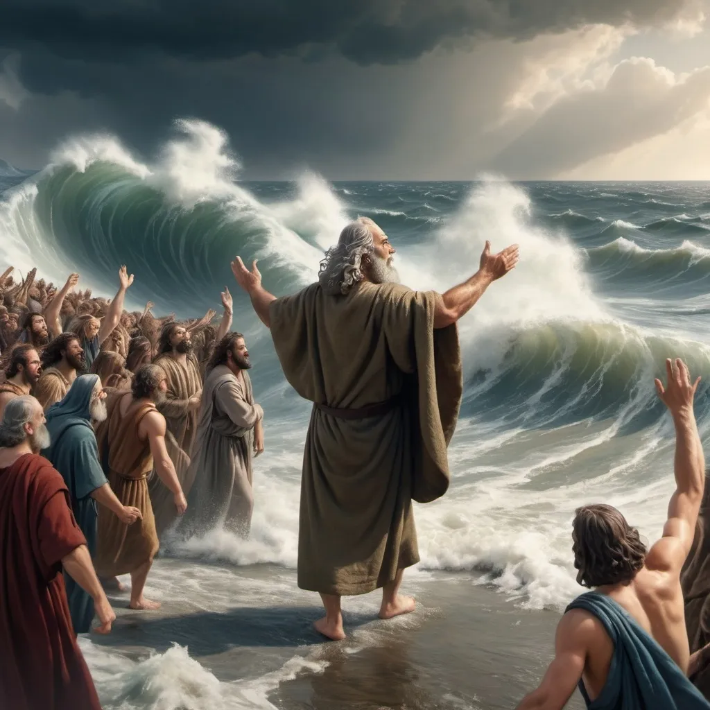 Prompt: Shot from the sea, wide view, Realistic image of moses lifting his hand on shore parting the sea, many ancient people carrying luggage standing behind him, soaring wave on right and left, stormy sea, strong wind, ragged cloak