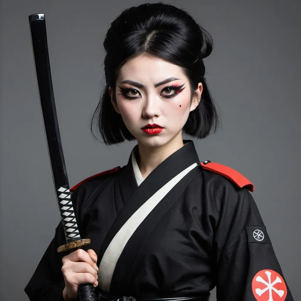 Prompt: Tall Japanese girl Samurai goth makeup WW2 German uniform influences.  Heavy black eyeliner.  Holding a Katana. 