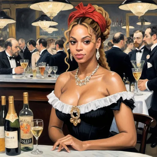 Prompt: Create an impressionist style portrait of Beyonce in painting "A Bar at the Folies-Bergère" by Edouard Manet style specifically, stoic expression. The painting must exemplify Manet's commitment to Realism in its detailed representation of a contemporary scene.