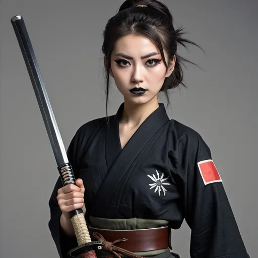 Prompt: Tall Japanese girl Samurai with tradings Helmut goth makeup WW2 German uniform influences. Crop top, bare everything. Heavy black eyeliner.  Holding a Katana. 