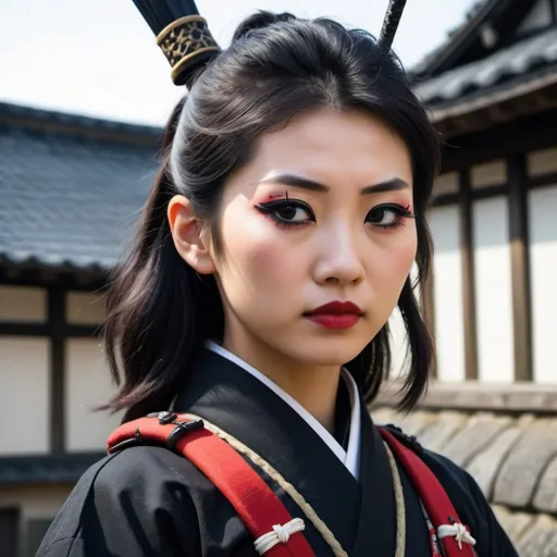 Prompt: Tall Japanese girl Samurai with tradings Helmut goth makeup WW2 German uniform influences.  Heavy black eyeliner.  Feudal Japanese castle. 