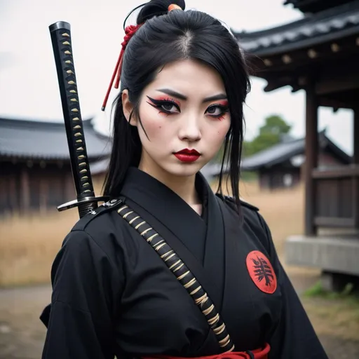 Prompt: Tall Japanese girl Samurai goth makeup WW2 German uniform influences.  Heavy black eyeliner.  Holding a Katana. 