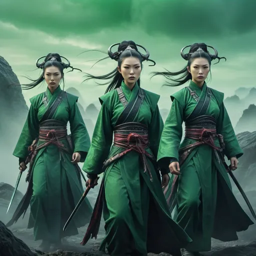 Prompt: Group of Fantasy twin Female Wuxia warriors on a lovecraftian landscape. High Definition color, ultra realistic. Horrific creatures, green misty sky, death.