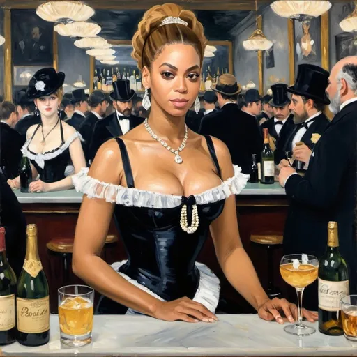 Prompt: Create an impressionist style portrait of Beyonce in painting "A Bar at the Folies-Bergère" by Edouard Manet style specifically, realism, stoic expression. The painting must exemplify Manet's commitment to Realism in its detailed representation of a contemporary scene.