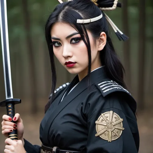 Prompt: Tall Japanese girl Samurai with traditional Helmut goth makeup WW2 German uniform influences. Crop top. Heavy black eyeliner.  Holding a Katana. 