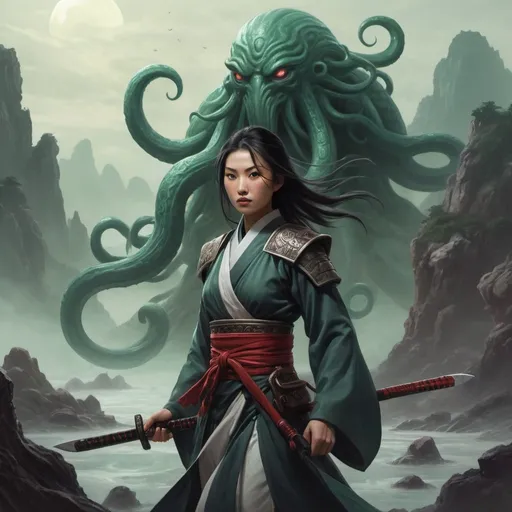 Prompt: Female Wuxia warrior in a lovecraftian landscape. 