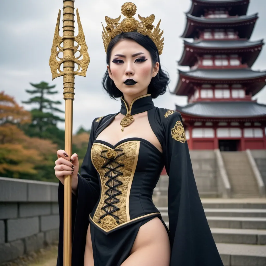 Prompt: Tall Japanese woman empress, shiny golden intricate diadem, traditional japanese corset, High collar,  goth makeup WW2 German uniform influences. Crop top, bare everything. Heavy black eyeliner.  Holding a intricate magus staff. Kyoshi tower in background