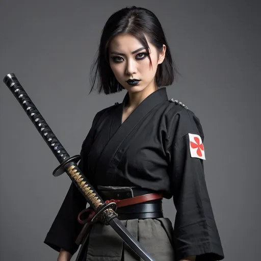 Prompt: Tall Japanese girl Samurai with tradings Helmut goth makeup WW2 German uniform influences. Crop top, bare everything. Heavy black eyeliner.  Holding a Katana. 