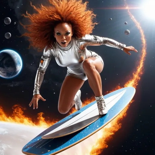 Prompt: Scary Spice on silver surf board flying in space. Fire ball in background. Space station. Super detailed. HD color, High graphics. 