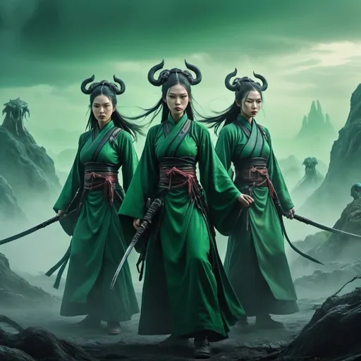 Prompt: Group of Fantasy twin Female Wuxia warriors on a lovecraftian landscape. High Definition color, ultra realistic. Horrific creatures, green misty sky, death.