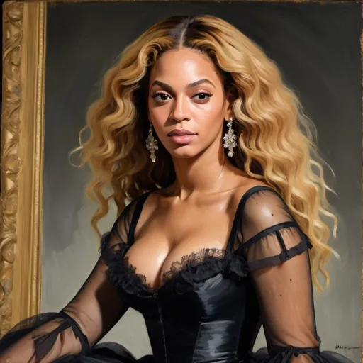 Prompt: Create an impressionist style portrait of Beyonce in the full painting "Nana" by Edouard Manet style specifically, realism, stoic expression. Full accurate dress. The painting must exemplify Manet's commitment to Realism in its detailed representation of a contemporary scene. Create the full painting.