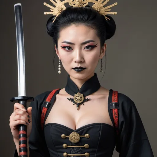 Prompt: Tall Japanese woman empress, with Hela diadem, traditional japanese corset, goth makeup WW2 German uniform influences. Crop top, bare everything. Heavy black eyeliner.  Holding a Katana. 