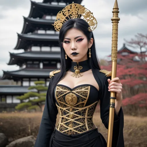 Prompt: Tall Japanese woman empress, shiny golden intricate diadem, traditional japanese corset, High collar,  goth makeup WW2 German uniform influences. Crop top, bare everything. Heavy black eyeliner.  Holding a intricate magus staff. Kyoshi tower in background
