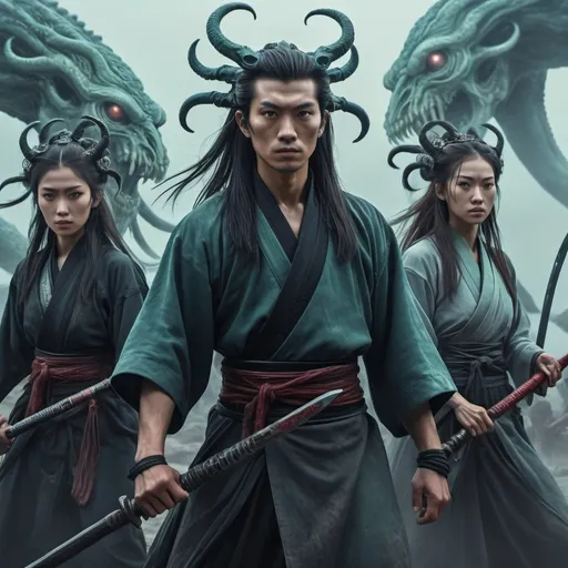Prompt: Group of male and Female Wuxia warriors in a lovecraftian dystopia. High Definition color, ultra realistic. Horrific creatures, DMT inspired misty sky, death.