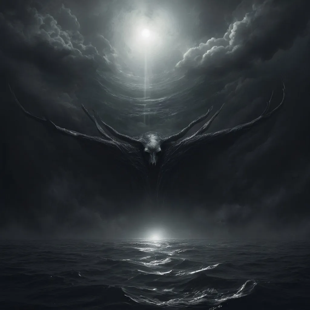Prompt: ”The earth was without form, and void; and darkness was on the face of the deep. And the Spirit of God was hovering over the face of the waters.“

