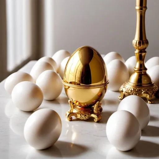 Prompt: one pure 24k gold egg lying on a table
now add only nine white eggs on the side whole on a table
