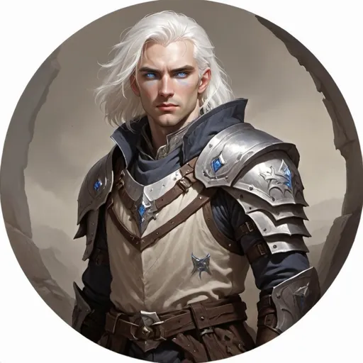 Prompt: Dhampir Paladin, white hair, blue eyes, pale skin, rugged