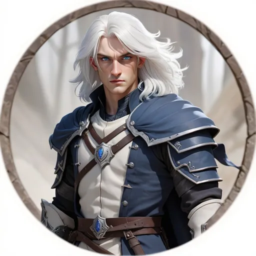 Prompt: Male Dhampir Paladin, shoulder length blown out white hair, dark blue eyes, pale skin, rugged